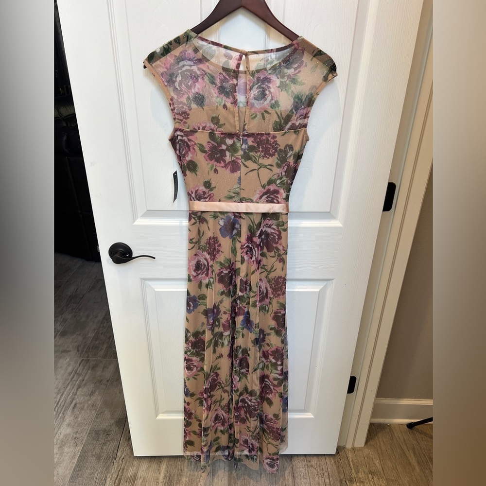 NWT Candalite Wedding Guest Floral Maxi Dress Mesh top Pink Ribbon tie Sz S - Picture 2 of 11